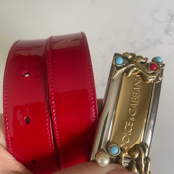Dolce&Gabbana red leather belt with two tone buckle, stones, 32/80 - Picture 2 of 4